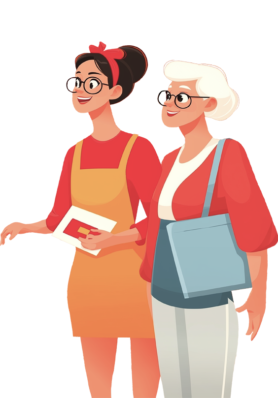 Een apotheker in een steegje met een oude dame